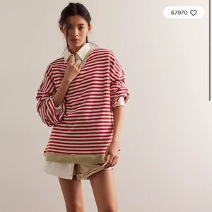 We The Free Classic Stripe Oversized Crewneck Sweatshirt in Cherry Combo